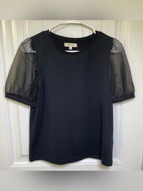 Madewell Black Sheer Puff Mesh Sleeve Crewneck Tee Top Knit Blouse Size Small